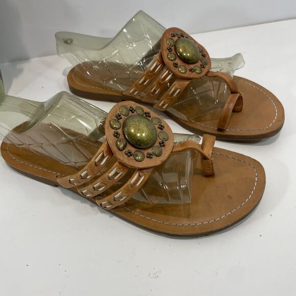 Jessica Simpson Leather Sandals Brown Medallion Aztec Western Boho Size 8 - Picture 2 of 15
